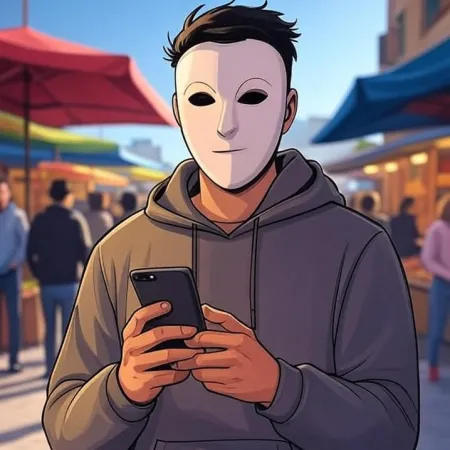 흰색 마스크를 쓴 젊은 남성이 회색 후드티를 입고 야외 시장에서 자신의 전화기를 바라보고 있습니다.