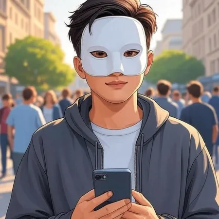 흰색 마스크와 회색 후드 재킷을 입은 애니메이션 스타일의 젊은 남성이 스마트폰을 들고 혼잡한 거리에서 카메라를 바라보고 있습니다.