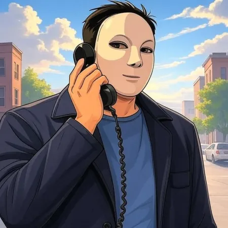 흰색 마스크를 쓴 남자가 어두운 재킷과 파란색 티셔츠를 입고, 구식 검은 전화 수화기에 대고 말하고 있으며, 배경에는 도시의 거리가 있습니다.