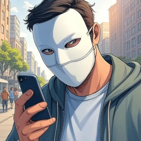 하얀 마스크와 후드티를 입은 남자가 도시의 거리에서 휴대폰을 보고 있습니다. 이미지는 만화 스타일로 제작되었습니다.