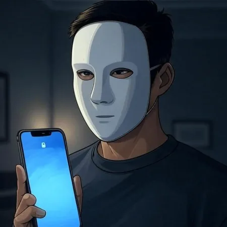 흰색 마스크를 쓴 사람이 스마트폰을 들고 잠금 화면이 켜져 있는 모습.
