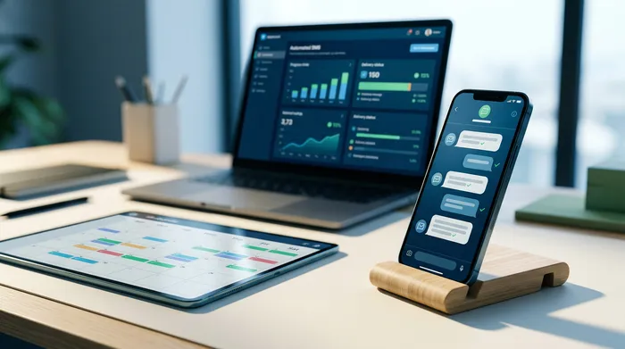 두 부분으로 나뉜 이미지. 왼쪽에는 발송 예약 옵션이 있는 메시지 인터페이스가 보이는 스마트폰, 오른쪽에는 나무 책상 위에서 리마인더 알림이 울리는 모습.