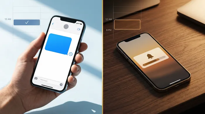 전문가용 가위와 미용 제품을 배경으로, 밝은 색 나무로 된 미용실 카운터 위에 놓여 있는 메시지 앱이 켜진 스마트폰.