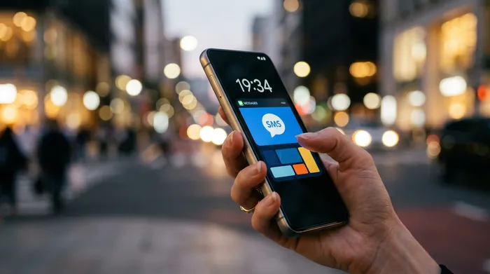 노트북, 노트, 커피잔이 놓인 책상에 앉아 메시지 앱 화면이 켜진 스마트폰을 들고 있는 사람.