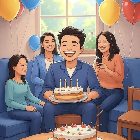 웃고 있는 남성이 다섯 개의 촛불이 꽂힌 케이크를 들고 있고, 가까운 사람들이 색색의 풍선으로 장식된 거실에서 둘러싸여 있습니다.