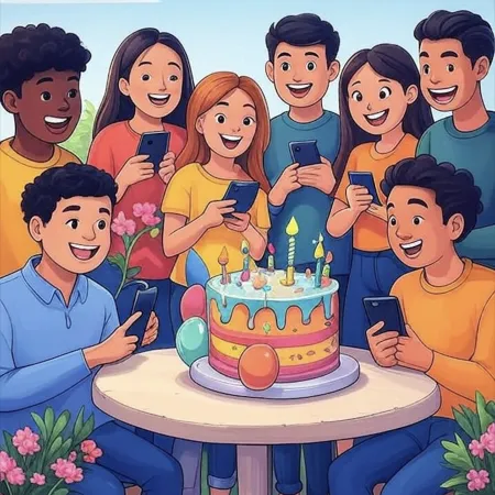 색색의 생일 케이크를 둘러싼 웃는 젊은이들, 촛불과 풍선, 장식이 있고, 각자 전화기를 들고 있다.