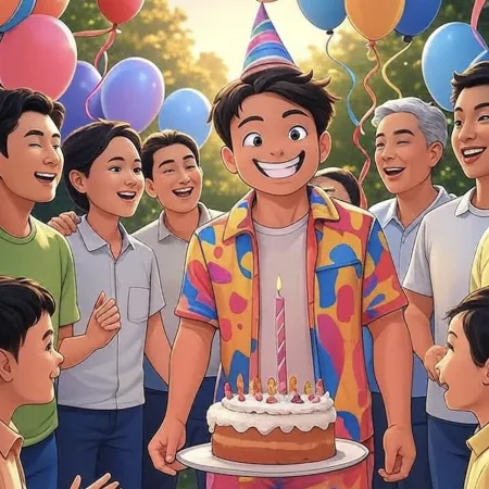 웃고 있는 소년이 생일 케이크를 들고, 손님들과 다채로운 풍선들로 둘러싸인 모습.