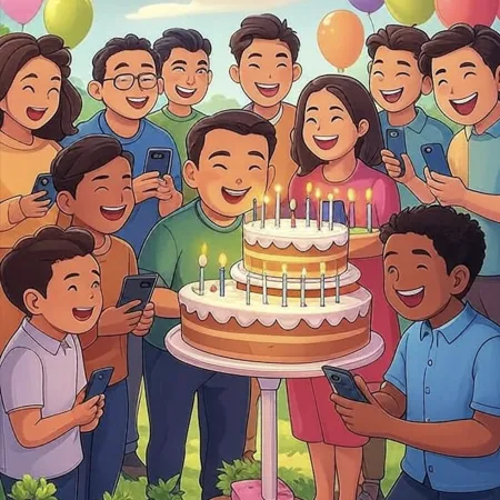 미소 짓고 있는 사람들 그룹이 여러 개의 촛불이 켜진 두 층 케이크를 둘러싸고 있으며, 그들의 전화로 사진을 찍고 있습니다.