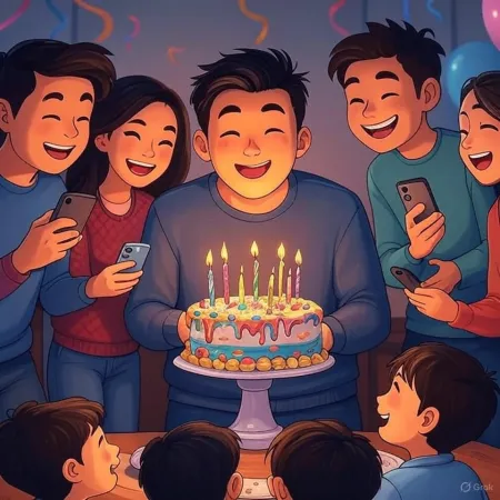 생일을 기념하는 일러스트로, 웃고 있는 남성이 촛불이 켜진 케이크를 들고 있고, 친구들과 가까운 사람들이 스마트폰으로 사진을 찍고 있습니다.