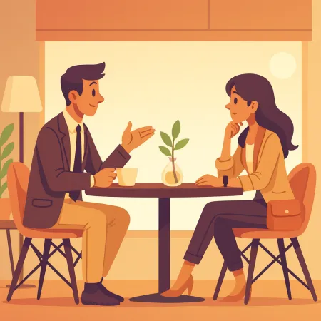 카페에서 대화하는 두 사람의 일러스트, 정장을 입은 남성과 캐주얼한 복장을 한 여성이 중앙에 작은 식물과 함께 테이블에 앉아 있습니다.